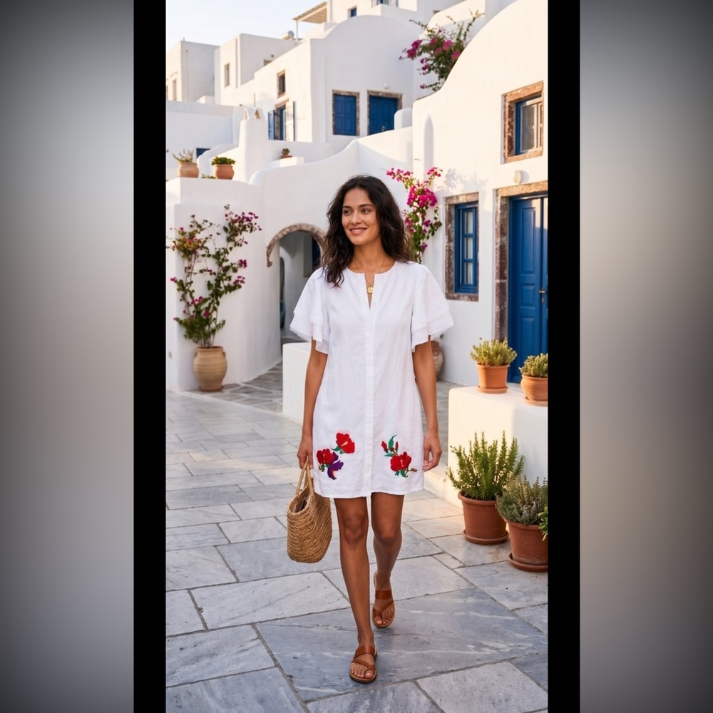 Fanm Mon White Linen Amora Dress Embroidered Hibiscus Ruffle Sleeve Mini‎ Medium